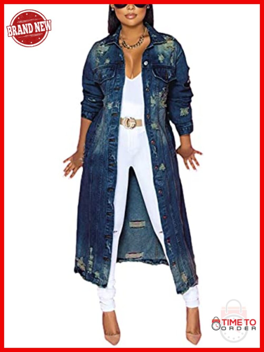 Women's Distressed Denim Maxi Jacket Trench Coat Frayed Hem